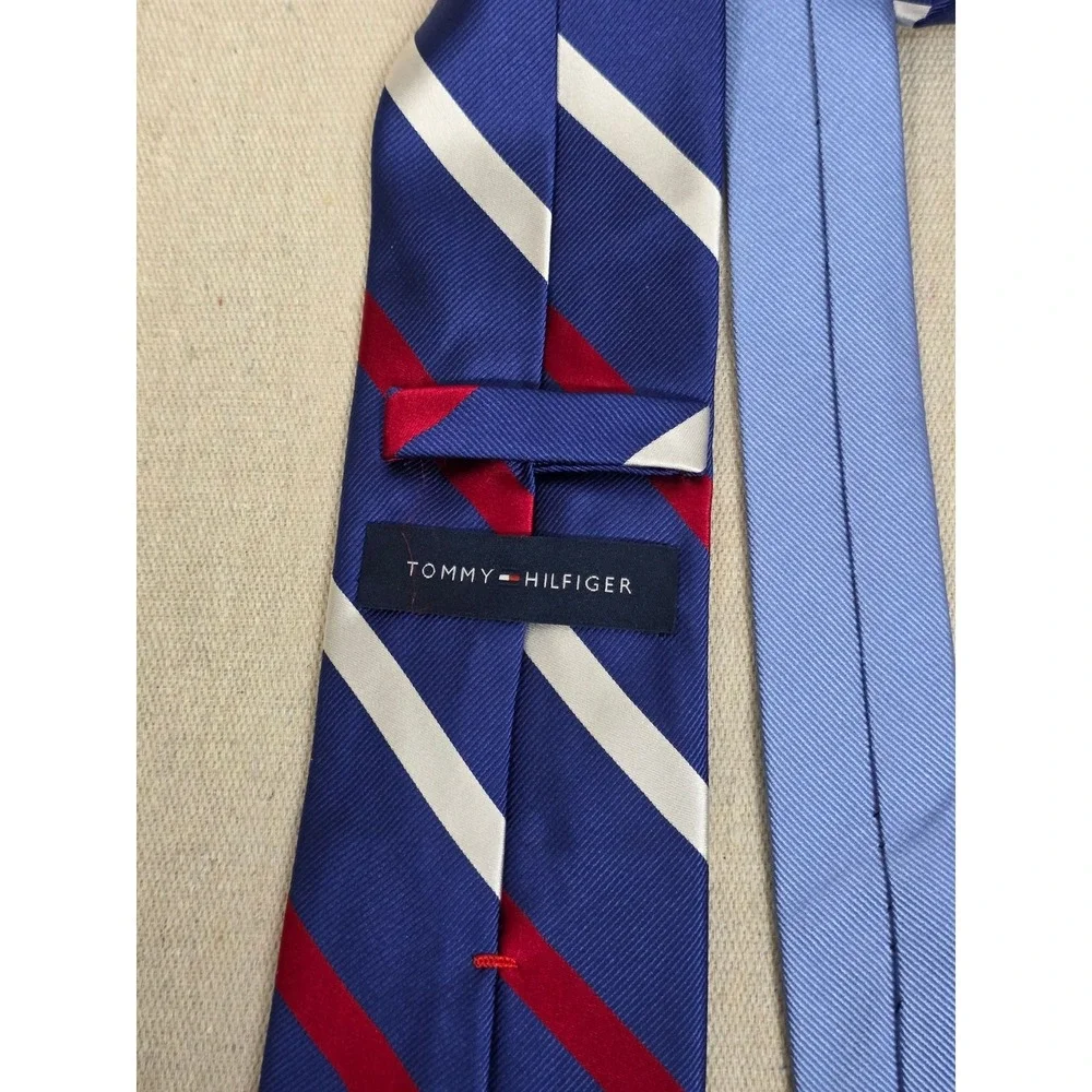 Tommy‎ Hilfiger Mens Silk Necktie Navy Blue Red White Striped Regimental Tie